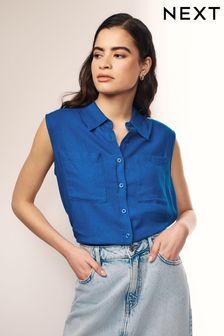Cobalt Blue Sleeveless Ruched Side Linen Blend Shirt (Q70468) | $42
