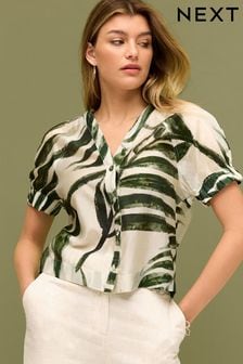 Green Leaf Print Short Sleeve V-Neck Buttoned Front Blouse (Q70488) | AED136