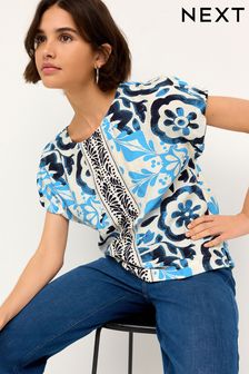 Blue/Navy Tile Print Gathered Short Sleeve Textured Boxy T-Shirt (Q70489) | AED96