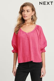 Rosa brillante - Blusa de cuello de pico lavada de algodón (Q70490) | 45 €