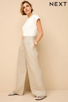 Stone Cotton Mix Smart Wide Leg Trousers (Q70497) | AED140