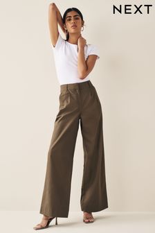 Chocolate Brown Cotton Mix Smart Wide Leg Trousers (Q70498) | ₪ 117
