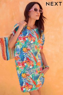 Tropical Print Gathered Short Sleeve Textured Boxy Mini Dress (Q70638) | €33