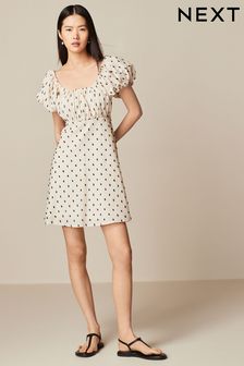 Neutral/Black Polka Dot Mini Puff Sleeve Ruched Front Dress (Q70650) | €43