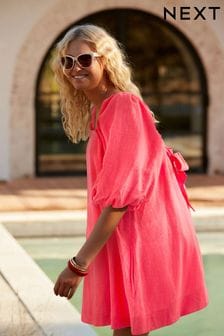 Coral Pink Linen Blend Puff Sleeve Mini Dress (Q70651) | OMR17
