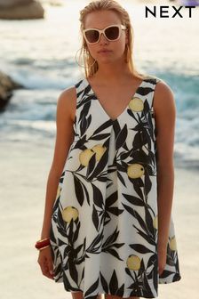 Ecru/Yellow Lemon Print Linen Blend V-Neck Summer Mini Dress (Q70686) | €47