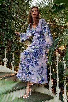 Lilac Purple Kew Collection Wide Sleeve V-Neck Textured Dress (Q70688) | 2,187 UAH