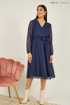 Mela Blue Dobby Spot Long Sleeve Wrap Over Midi Dress (Q70701) | €29