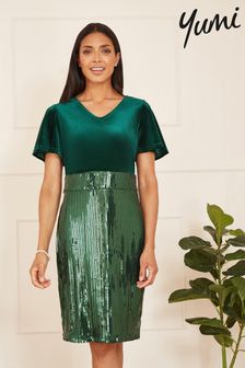 Зелений - Yumi Приталена сукня з оксамиту та паєток (Q70707) | 3 433 ₴