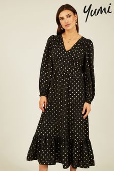 Yumi Black Foil Print Long Sleeve Midi Dress (Q70713) | $143