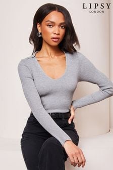 Lipsy Grey Collared Knitted Long Sleeve Jumper Top (Q70742) | 144 QAR