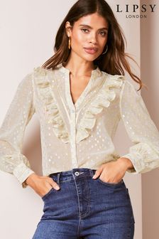 Lipsy Cream Ruffle Button Through V Neck Blouse (Q70783) | $68