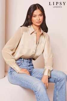 Lipsy Champagne Gold Satin Sleeve Button Through Shirt (Q70787) | $58