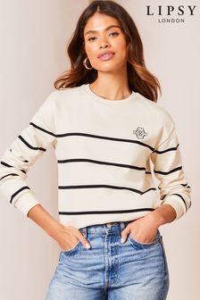 Lipsy Cream Logo Stripe Crew Neck Sweatshirt (Q70862) | R519