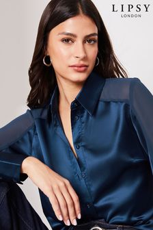 Lipsy Navy Blue Satin Sleeve Button Through Shirt (Q70868) | TRY 994