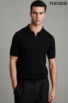 Reiss Black/Gunmetal Maxwell Merino Wool Half-Zip Polo Shirt (Q71092) | 647 QAR