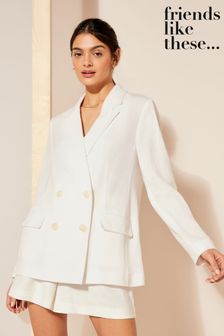 Biały - Friends Like These Double Breasted Long Sleeve Blazer With Linen (Q71675) | 345 zł