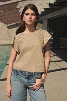 Washed Brown Crochet Trim Short Sleeve Washed T-Shirt (Q71685) | $48