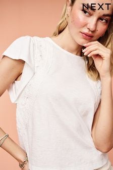 White Crochet Trim Short Sleeve Washed T-Shirt (Q71686) | AED128