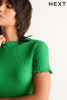Zielony - Teksturowany top z krótkim rękawem i pofalowanymi brzegami (Q71705) | 105 zł