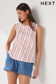 Pink Yellow Stripe Print Relaxed Fit Sleeveless Scoop Neck Slub Vest Top (Q71716) | SGD 21