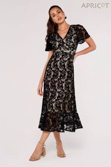 Apricot Black Corded Lace V-Neck Ruffle Dress (Q71786) | SGD 75