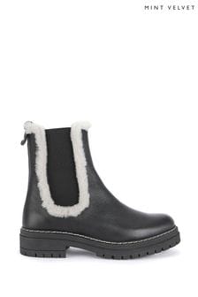 Mint Velvet Black Leather Shearling Boots (Q71796) | €95