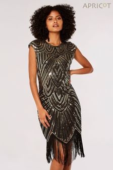 Apricot Black Art Deco Sequin Fringe Dress (Q71812) | $96