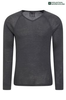 Szary - Męska bluzka termiczna Mountain Warehouse z dekoltem w szpic z wełny merynosów (Q71976) | 305 zł