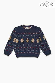 MORI Blue Organic Cotton Gingerbread Knitted Christmas Jumper (Q72024) | KRW83,300