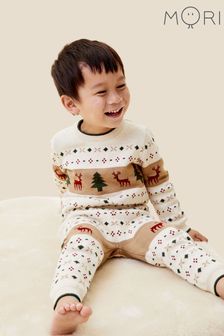 Pulover tricotat din bumbac organic Crăciun cu reni Mori Cream (Q72030) | 233 LEI