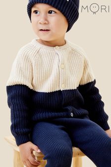 Mori藍色有機棉質撞色針織開襟毛衣 (Q72073) | NT$1,960