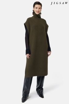 Zielony prążkowany długi sweter z wiązaniem Tabard Jigsaw z wełny merynosów (Q72342) | 615 zł