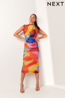Multicoloured Brights High Neck Mesh Midi Dress (Q72420) | AED168