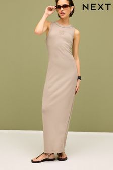 Taupe Neutral Sleeveless Racer Neck Ribbed Maxi Dress (Q72422) | AED112
