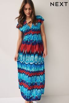 Navy Blue/Red Tie Dye Print Short Sleeve Pintuck Maxi Dress (Q72460) | 233 QAR