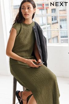 Khaki Green Short Sleeve Textured Column Jersey Dress (Q72464) | SGD 52