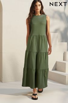Khaki Green Sleeveless Crew Neck Tiered Summer Maxi Jersey Dress (Q72466) | SGD 49