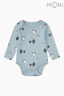 Mori Blue Penguin Organic Cotton Long Sleeve Envelope Neckline Bodysuit