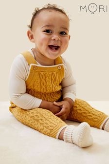 Mori Organic Cotton Mustard Yellow Cable Knitted Dungaree (Q72550) | AED108