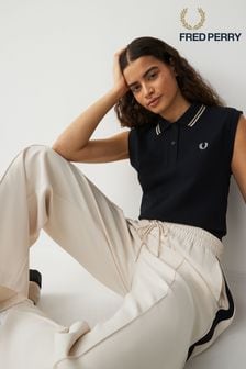 Marineblau - Fred Perry Damen Ärmelloses Polo-Shirt mit Doppel-Zierstreifen (Q72590) | 98 €