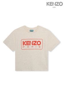 KENZO KIDS Natural Paris Logo Short Sleeve Cropped T-Shirt
