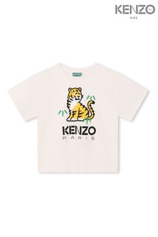 חולצת טי בצבע שמנת עם לוגו, שרוולים קצרים והדפס מאחור עם דוגמת נמר מלפנים של KENZO KIDS