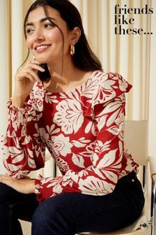 Red White Floral - Friends Like These Long Sleeve Ruffle Detail Textured Jersey Blouse (Q72615) | €40
