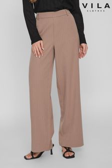 VILA Tan Brown High Waisted Pinstripe Wide Leg Smart Trousers (Q72629) | €64
