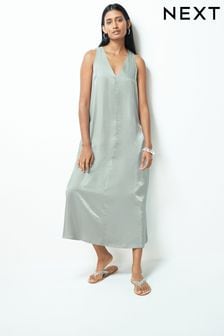 Silver Sleeveless Column V-Neck Midi Dress (Q72638) | $91