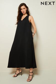 Black Sleeveless Column V-Neck Midi Dress (Q72640) | kr695