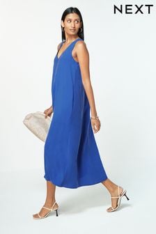 金屬藍 - 無袖高腰V領中長連衣裙 (Q72647) | NT$2,230