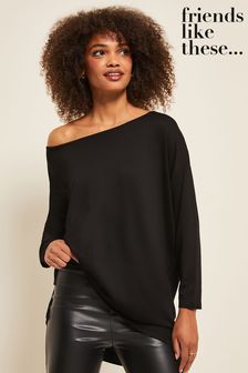 Friends Like These Black Petite Soft Jersey Long Sleeve Slash Neck Tunic Top (Q72677) | KRW47,000
