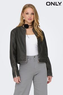 ONLY Black Distressed Faux Fur Leather Bomber Jacket (Q72687) | €32